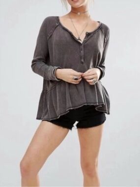 Free People Coastline Thermal Peplum Top Sz Med Brown Long Sleeve Waffle Knit